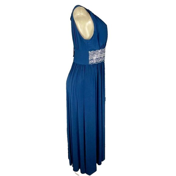 R&M Richards 12 Blue Peacock Beaded Waist Keyhole Halter Neck Open Tie Back Gown - Picture 3 of 6
